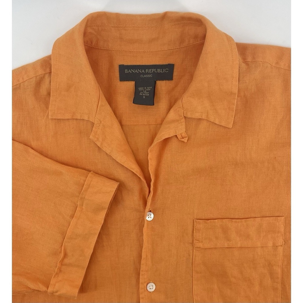 Banana Republic Shirt Mens Sm Orange 100% Linen Short Sleeve Camp Collar Beach